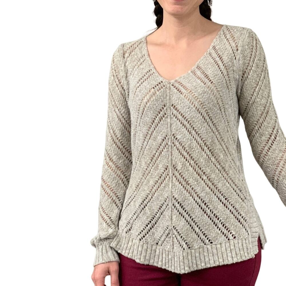 LOFT Beige Loose-Weave V-neck Sweater, Size S